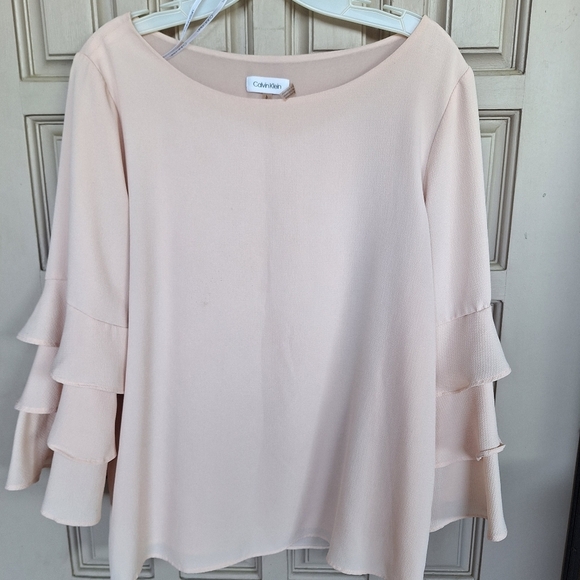 Calvin Klein Pullover SzL Ruffle Sleeve Pale Pink Poly/Spandex Round Neck Fem - Picture 7 of 10